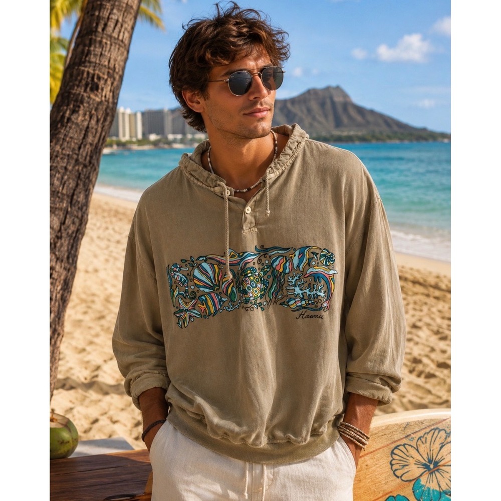 Crazy Shirts Hoodie Mens Large Tan Kona Coffee Dyed Hawaii Sea Life Graphic